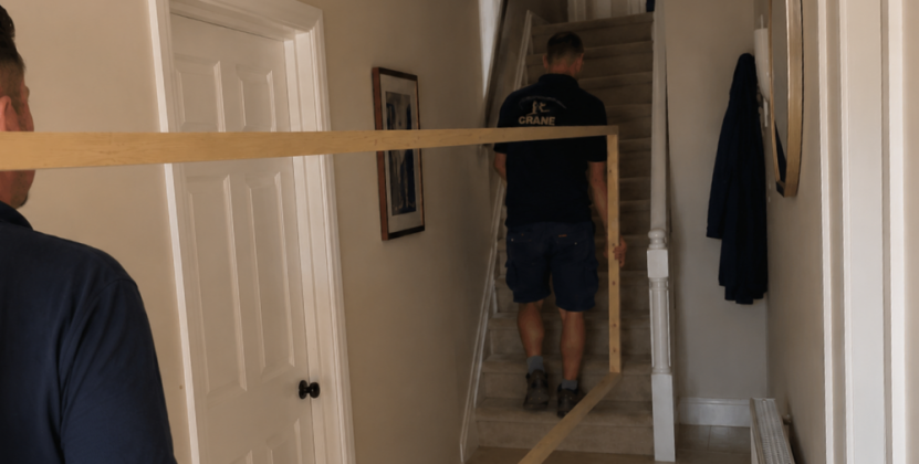 Two fitters carry a test frame up the stairs inside a house